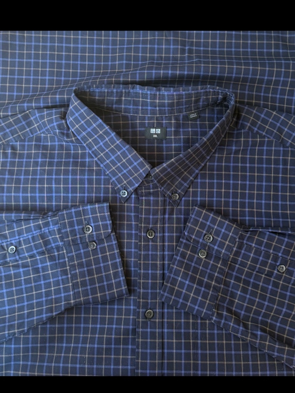 Uniqlo Men's 3XL Navy Tan Plaid Cotton Broadcloth Button Down Shirt